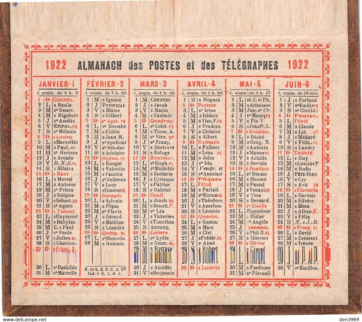 Small : 1921-40 - CALENDRIER 1922 sur carton fort - Almanach des Postes et  des Télégraphes