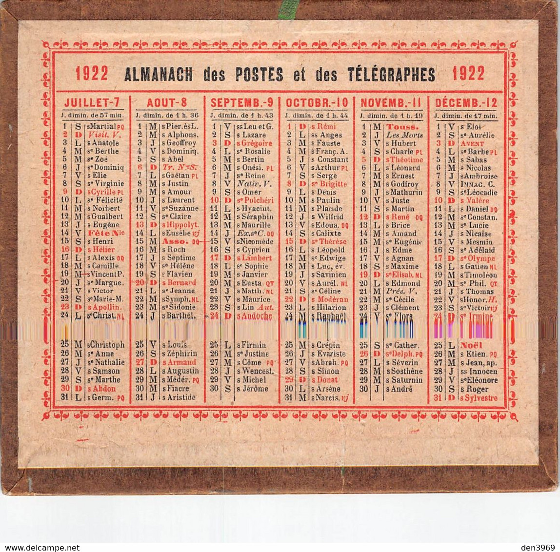 CALENDRIER 1922 Sur Carton Fort - Almanach Des Postes Et Des Télégraphes - Formato Piccolo : 1921-40
