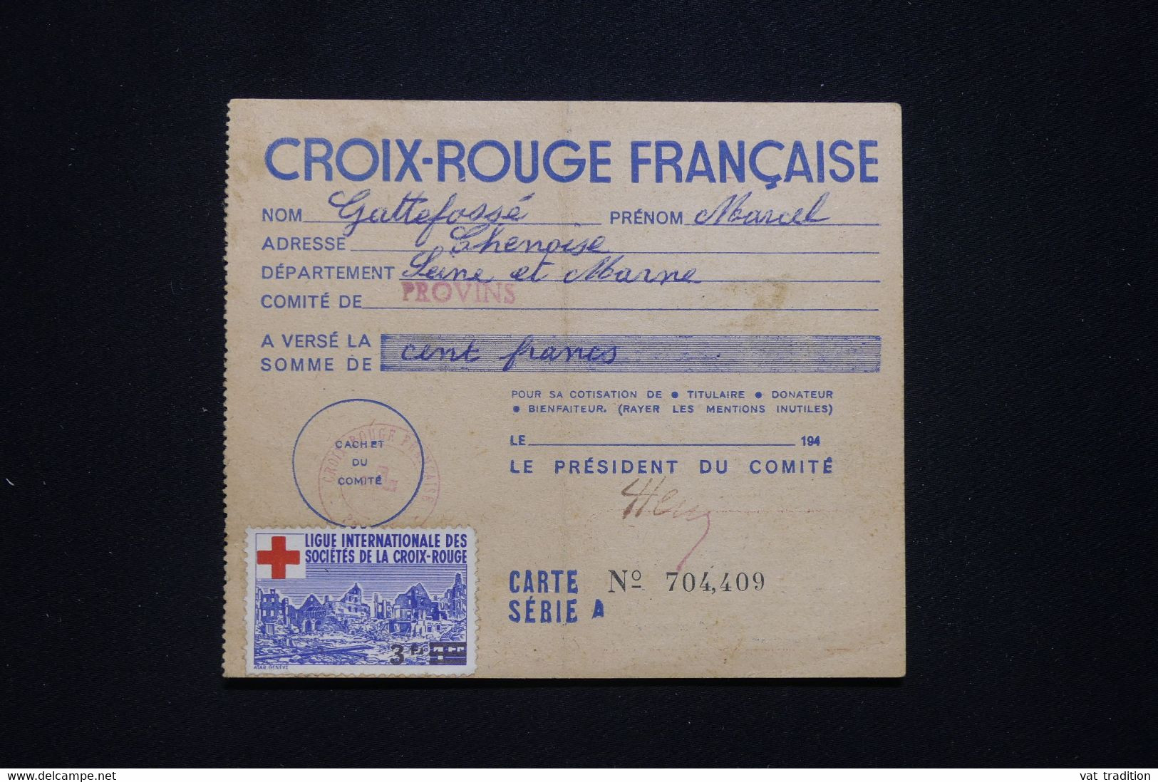 FRANCE - Vignette Croix Rouge ( Surchargé) Sur Carte D'adhérent Du Comité De Provins De 1952 - L 93975 - Croix Rouge