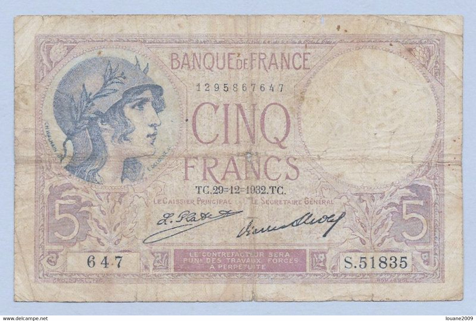 France - 5 Francs Violet  29-12-1932 1 Billet - 5 F 1917-1940 ''Violet''