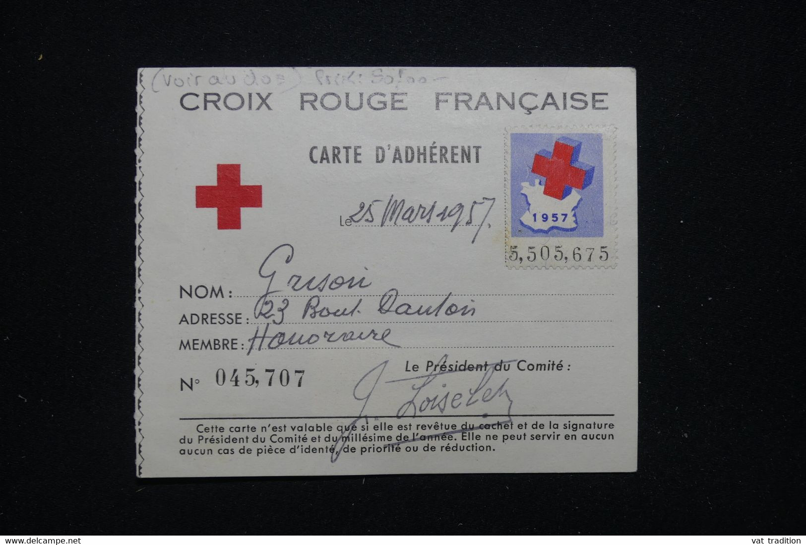 FRANCE - Vignette Croix Rouge Sur Carte D'Adhérent En 1957 - L 93999 - Croix Rouge