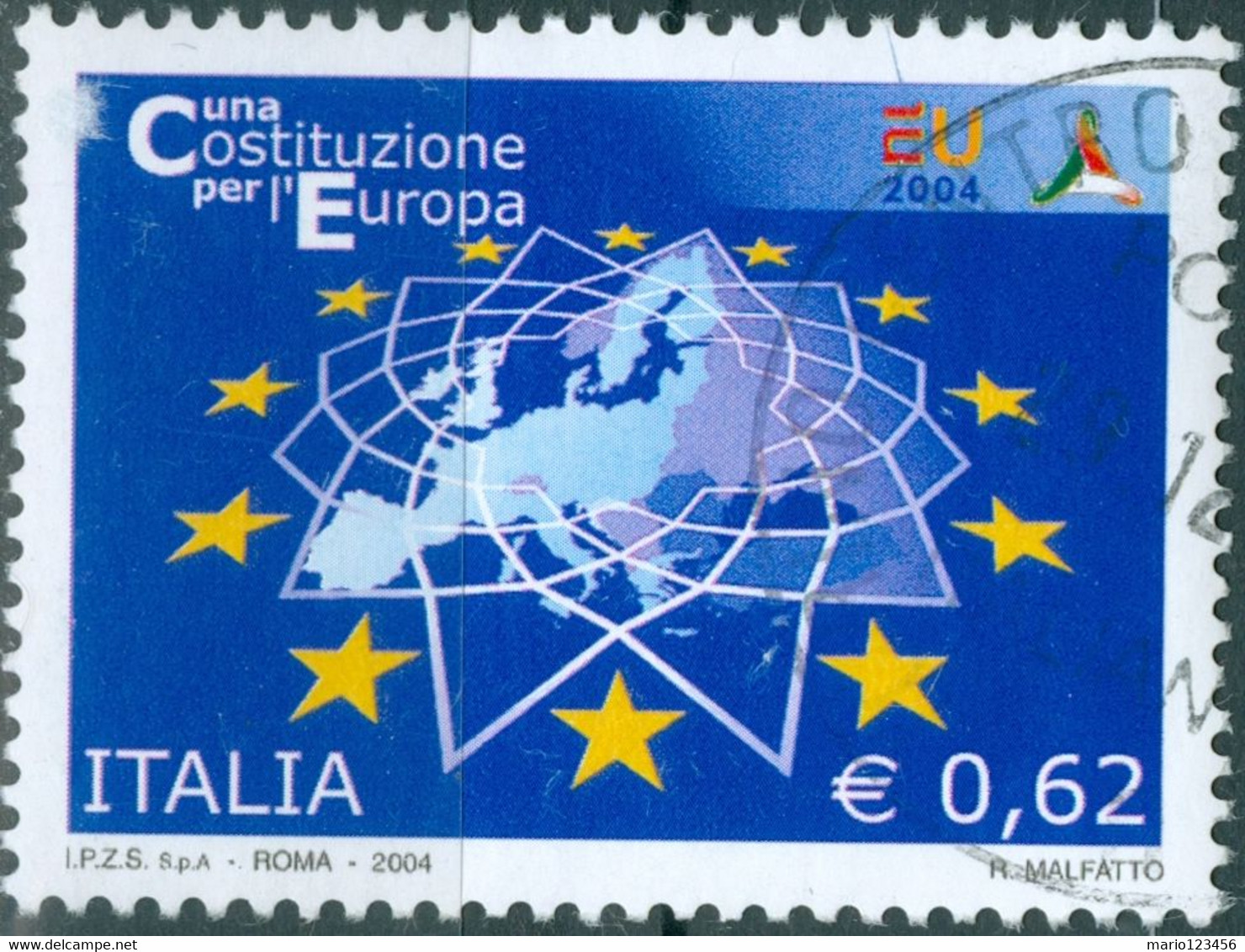 ITALIA, ITALIE, COSTITUZIONE EUROPEA, 2004, 0,62 €, FRANCOBOLLO USATO Mi.: IT 2999,  Scott:IT 2630 - 2001-10: Gebraucht