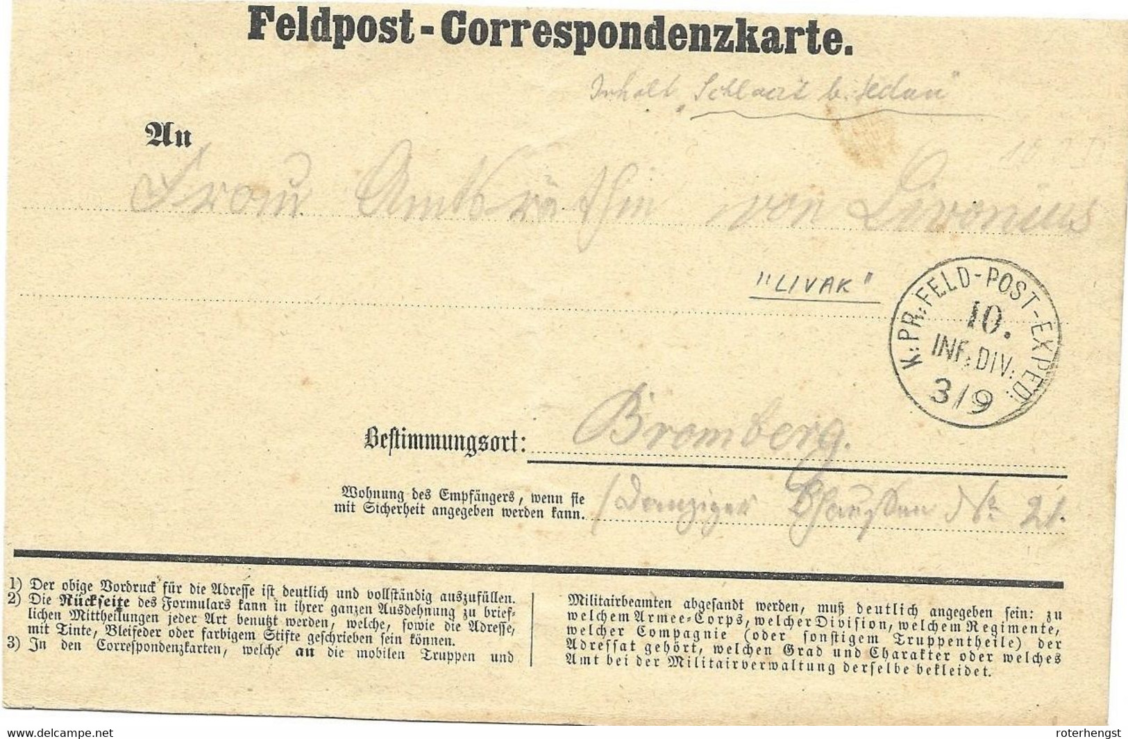 1870-71 Feldpost Card From A German Soldier In Livak - Guerre (timbres De)