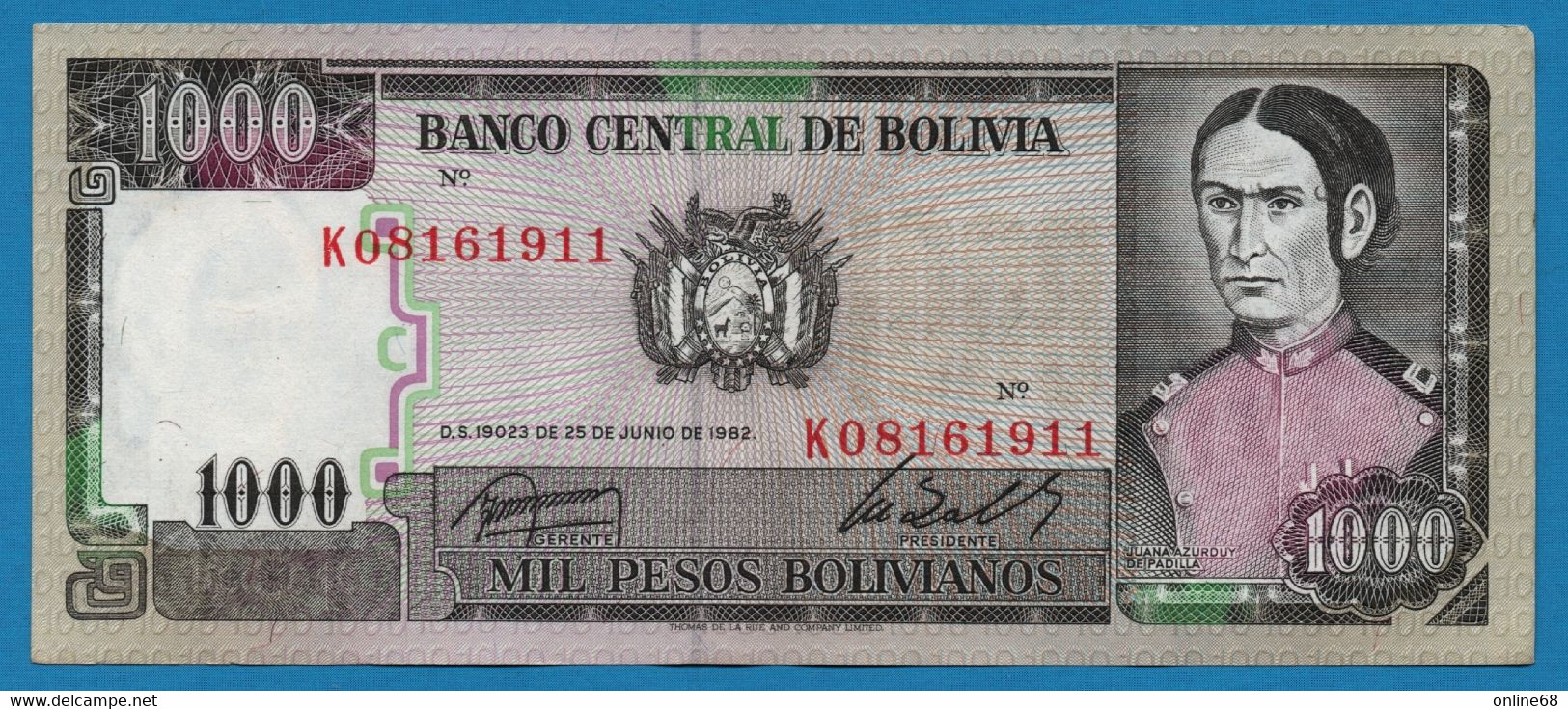 BOLIVIA 1.000 Pesos Bolivianos D.25.06.1982 # K08161911 P# 167 - Bolivie