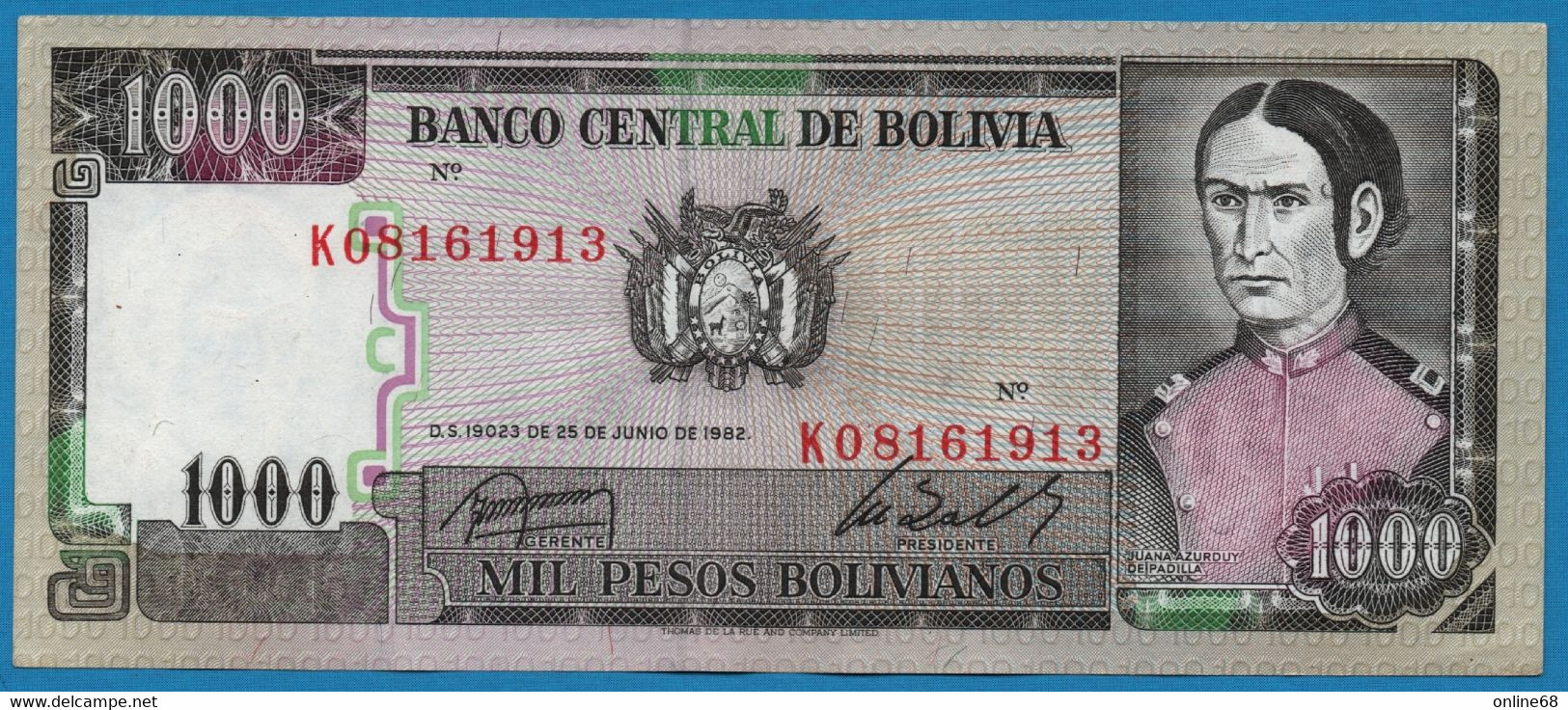 BOLIVIA 1.000 Pesos Bolivianos D.25.06.1982 # K08161913 P# 167 - Bolivie