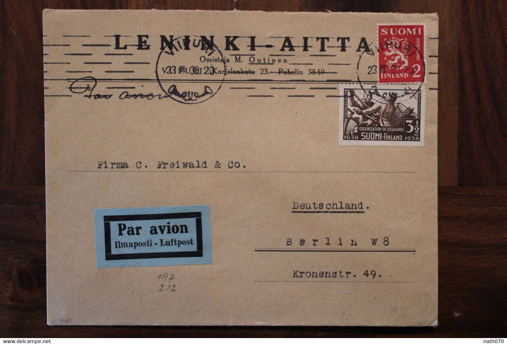 SUOMI 1939 VIIPURI Vyborg Finlande Cover Air Mail Par Avion Finland Russia Russie Berlin - Briefe U. Dokumente