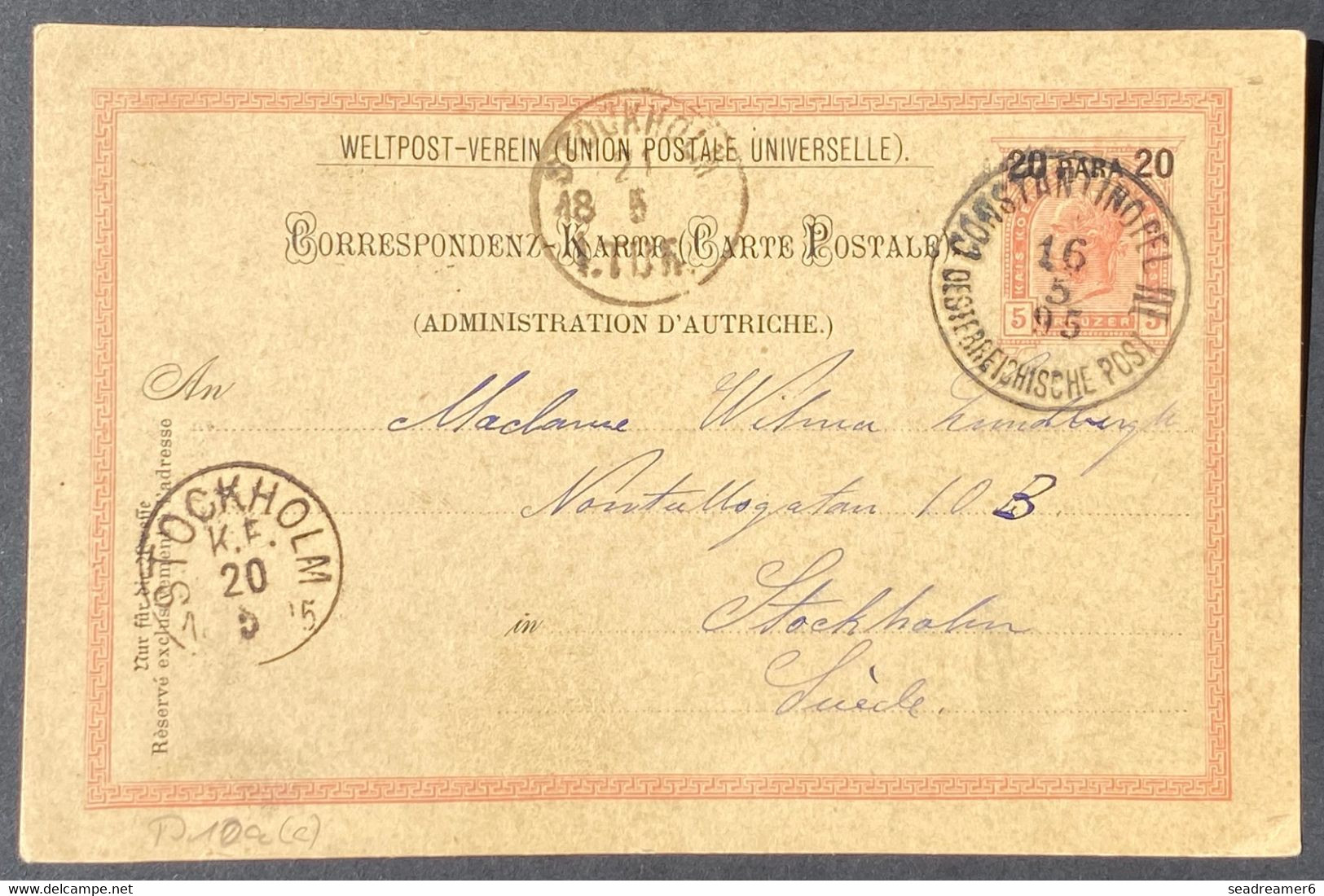 Autriche Levant Entier 1895 5 Heller Rose Surchargé 20 Paras Obl Constantinope III Pour La Suède Stockholm  TTB - Levante-Marken