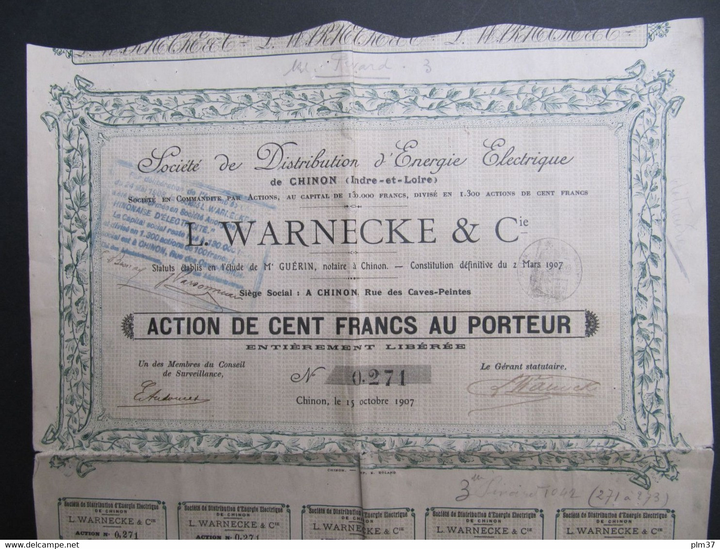 CHINON, 37 - Action De 100 Francs, 1907 - Distribution D'Energie Electrique L. WARNECKE & Cie - Electricité & Gaz