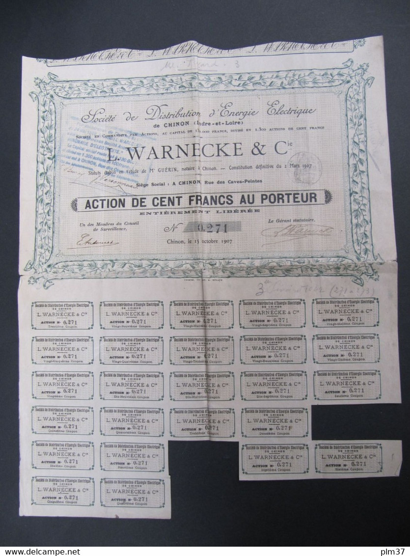 CHINON, 37 - Action De 100 Francs, 1907 - Distribution D'Energie Electrique L. WARNECKE & Cie - Electricité & Gaz