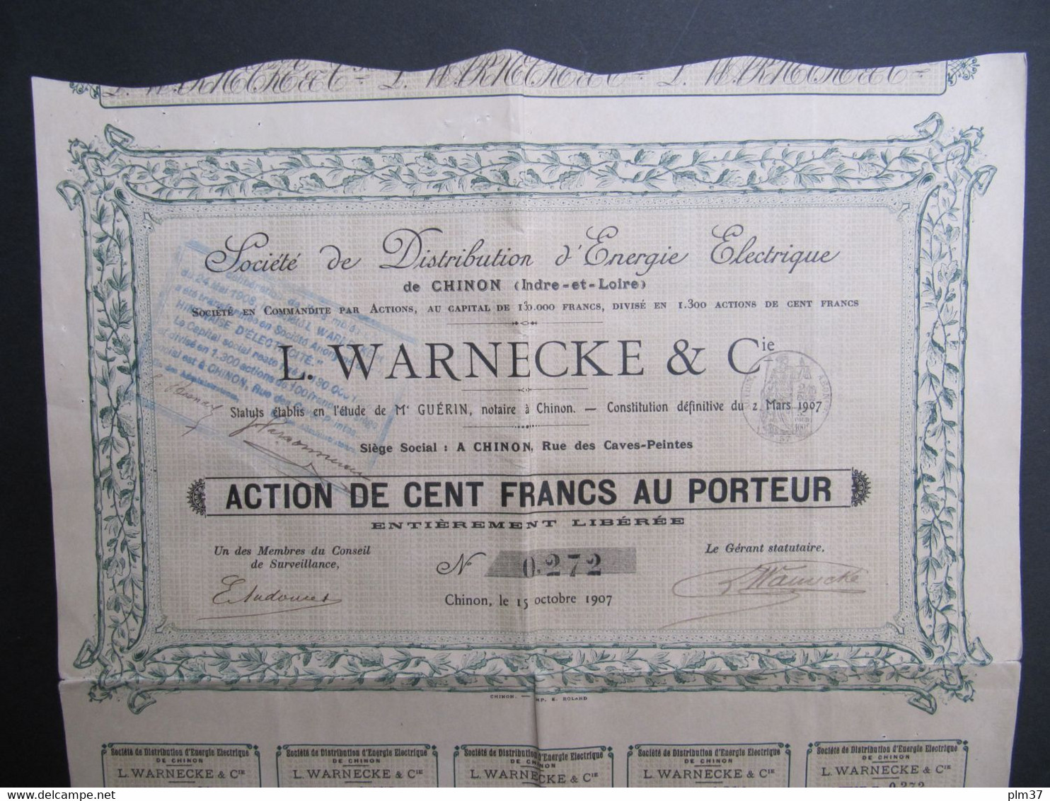 CHINON, 37 - Action De 100 Francs, 1907 - Distribution D'Energie Electrique L. WARNECKE & Cie - Electricité & Gaz