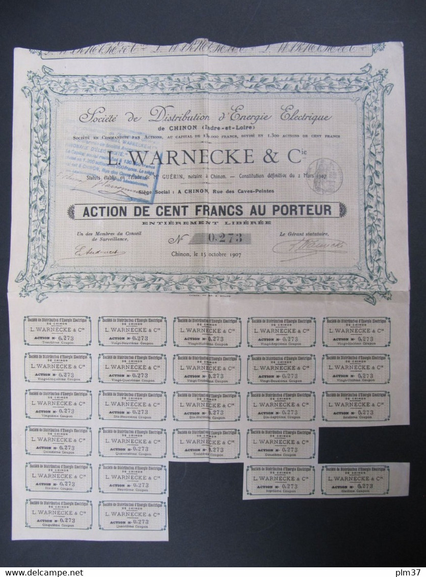 CHINON, 37 - Action De 100 Francs, 1907 - Distribution D'Energie Electrique L. WARNECKE & Cie - Electricité & Gaz