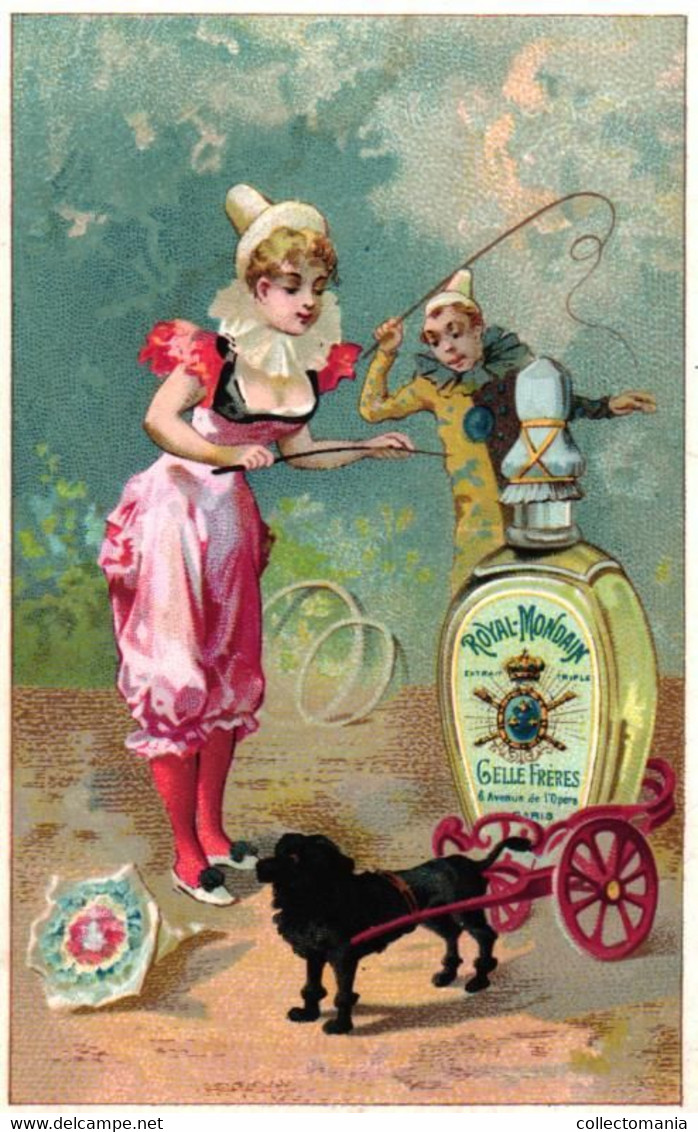 3 Cartes Chromo Gellé Frères Parfum 1896 Cirque Clown Acrobatiste Lith. Cheret - Vintage (until 1960)