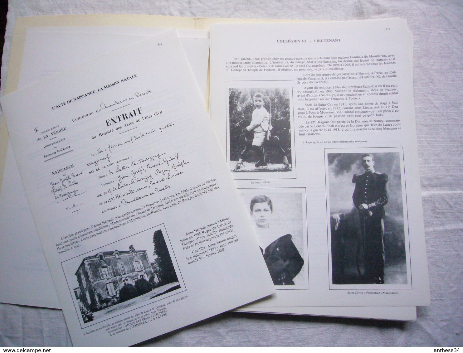 Dossier Historique De Lattre De Tassigny Biographie Textes Et Photos Environ 100 Pages + 1 Affiche - Documenti