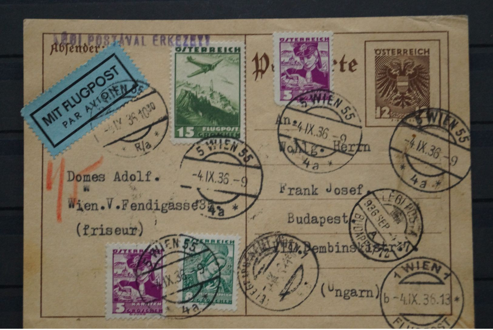 Austria Österreich Mit Luftpost Card Sent To Hungary Ungarn 1936 - Sonstige & Ohne Zuordnung