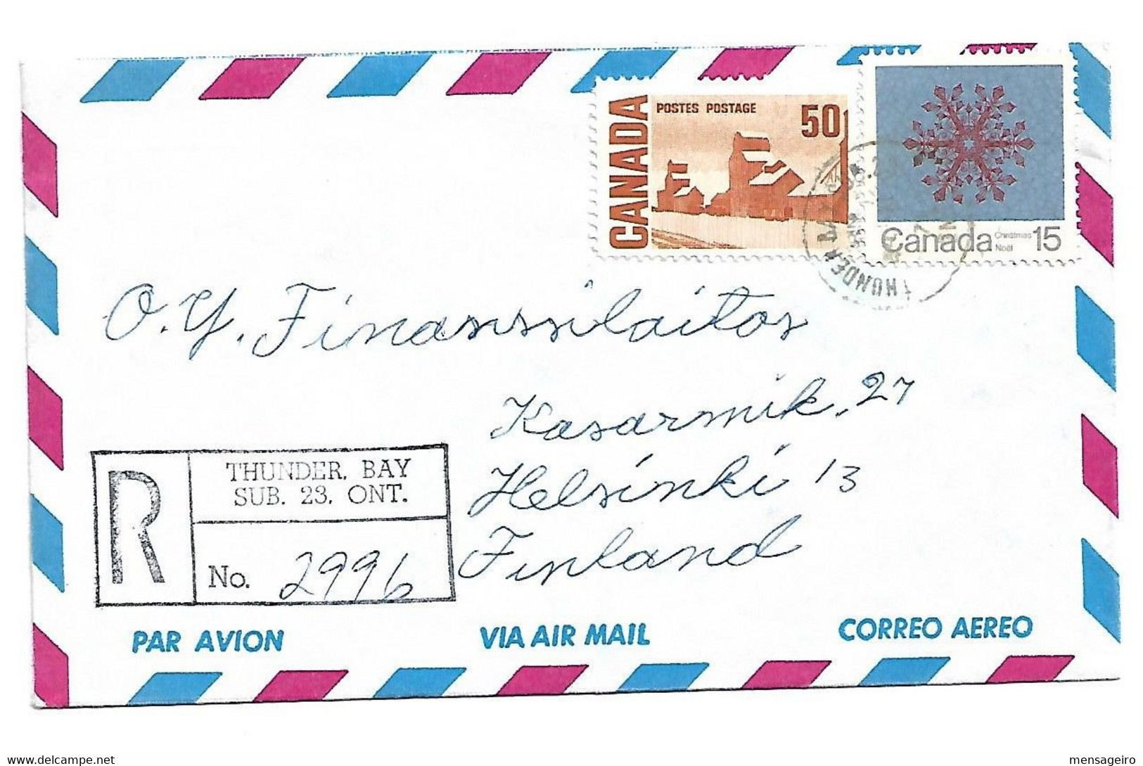 (Z12) - CANADA - REGISTRED AIR MAIL LETTER THUNDER BAY SUB 23 ONT  => FINLAND 1971 - Brieven En Documenten