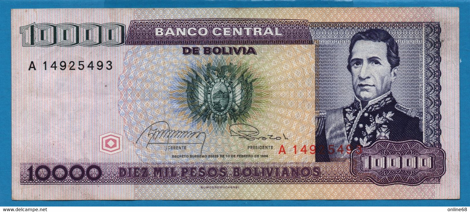 BOLIVIA 10.000 Pesos Bolivianos  	  D. 10.02.1984  # A14925493  P# 169 Marshal Andrés De Santa Cruz - Bolivie