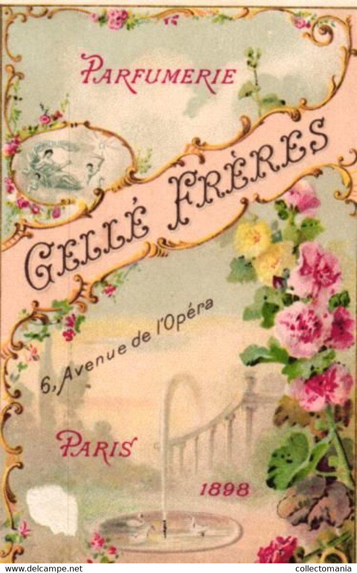 4 Cartes Chromo Gellé Frères Parfum 1898 Calendrier Paris Pierrot Bouquet De Trianon Regina Bouquet Idylle   Lith.Baily - Profumeria Antica (fino Al 1960)