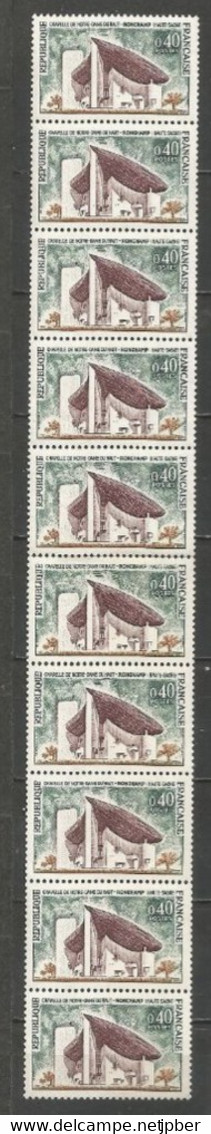 France - N°1435** Chapelle De Ronchamps - Bande De 10 - N°850 En Rouge Au Verso - Coil Stamps