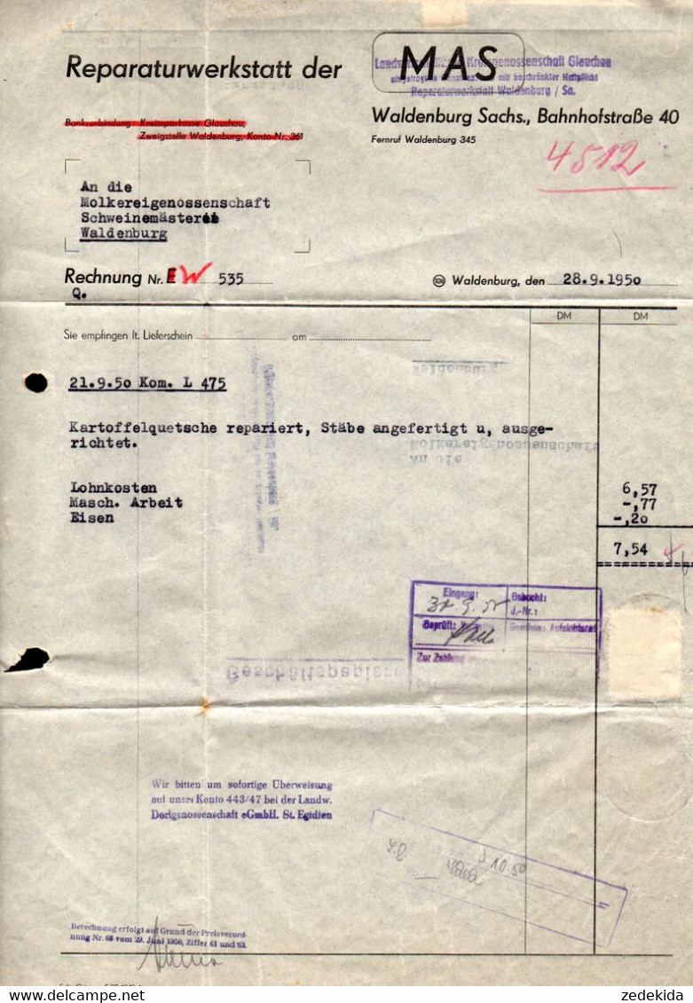 C7536 - Waldheim Molkereigenossenschaft - Rechnung Briefkopf Geschäftspost Bedarfspost - 1950 - ...