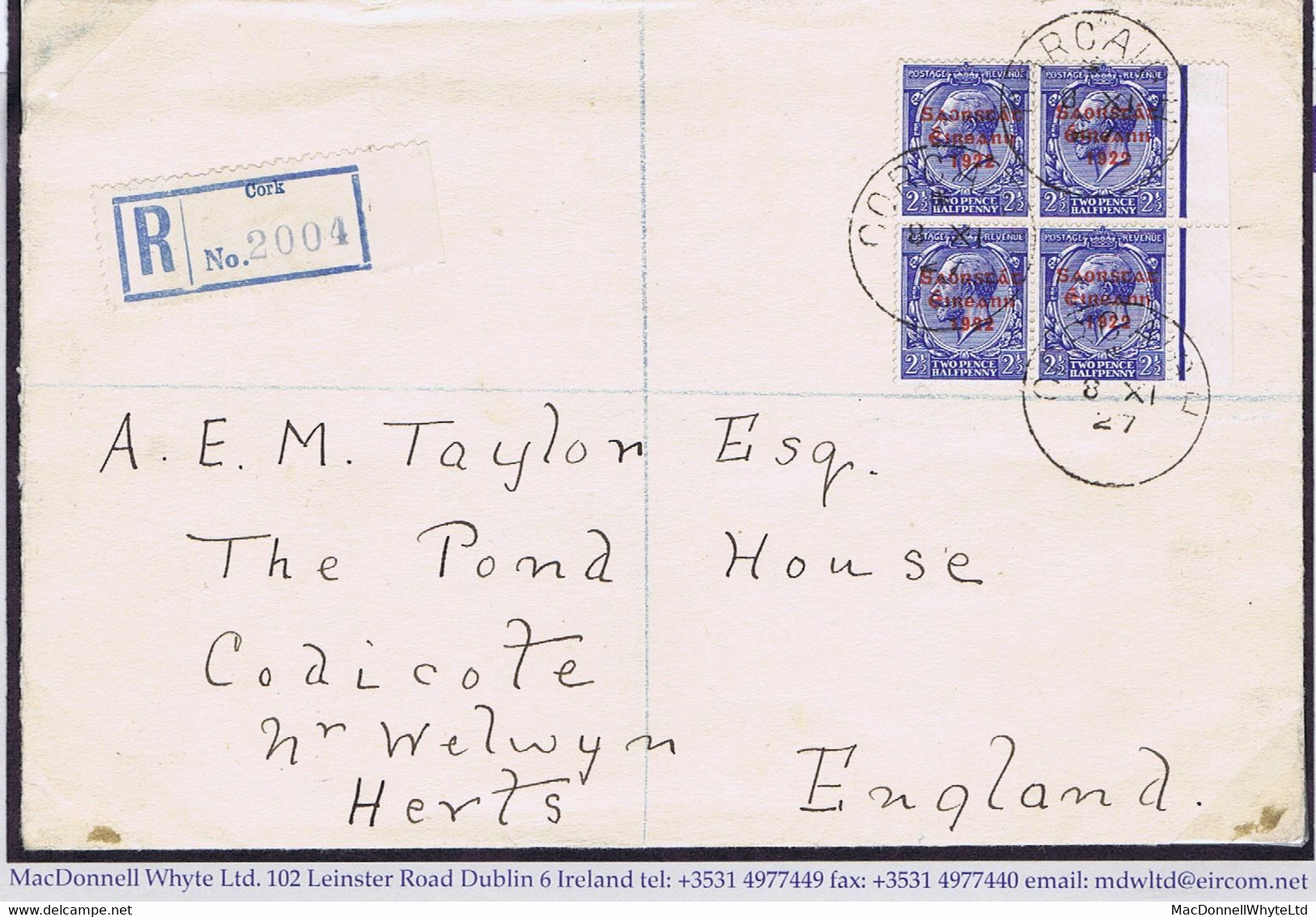 Ireland 1922-23 Thom Saorstat 2½d Error "Accent Missing" Row 15/12 In A Block Of 4 Used On Registered Cover To London - Brieven En Documenten