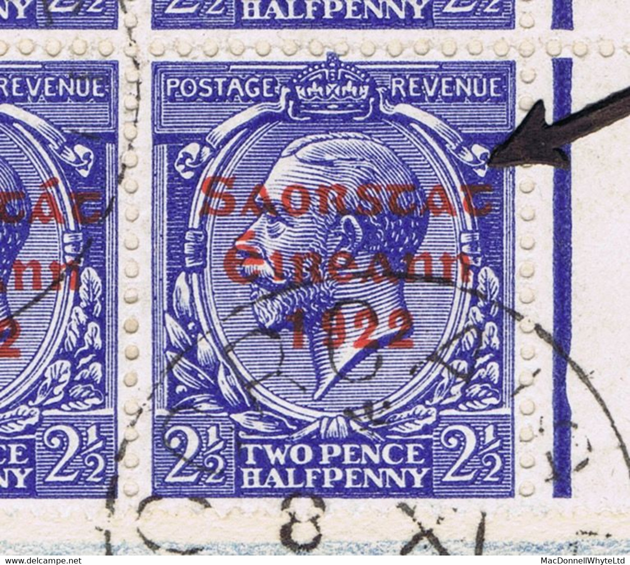 Ireland 1922-23 Thom Saorstat 2½d Error "Accent Missing" Row 15/12 In A Block Of 4 Used On Registered Cover To London - Covers & Documents