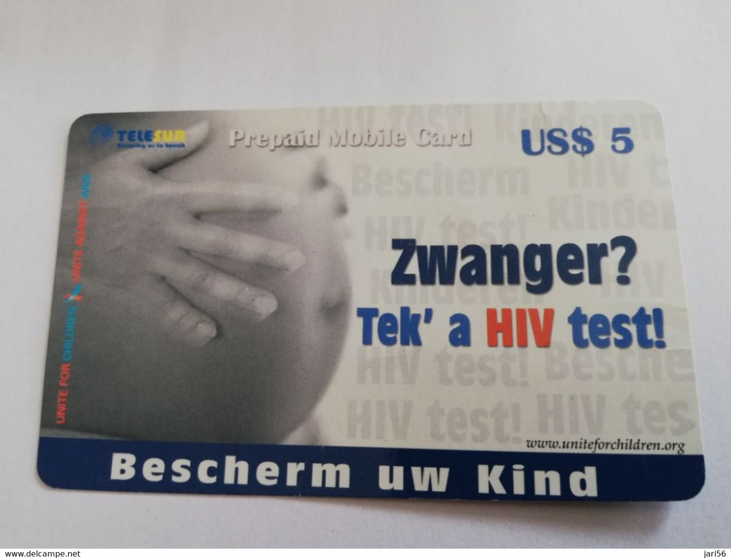 SURINAME US $5  UNIT GSM  PREPAID  ZWANGER HIV TEST     MOBILE CARD           **5132 ** - Surinam