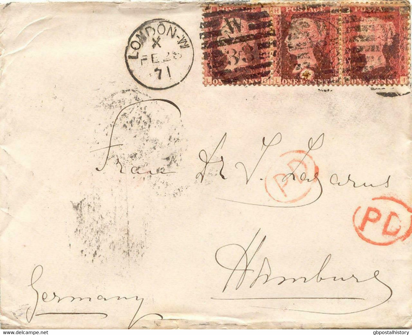 GB 1871 QV 1d Red Pl.106 Rare Multiple Postage (3x, GL-IL) DOUBLE "PD" TRANSIT - Lettres & Documents