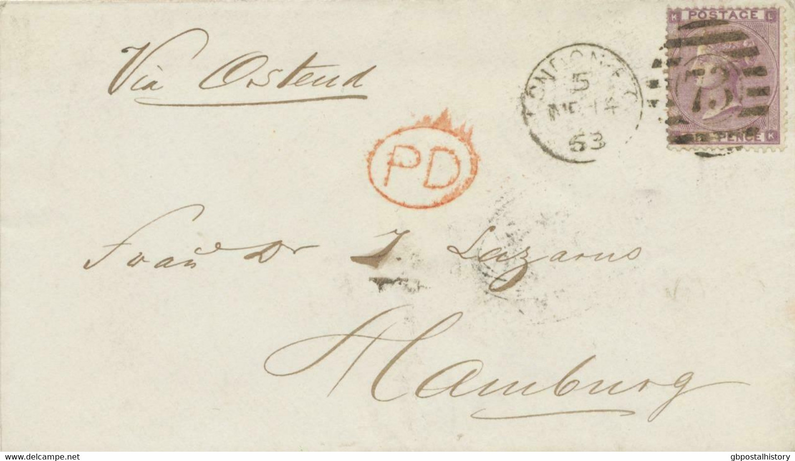 GB 1863 QV 6 D Lilac W Small White Corner Letters (LK) Sound Used VF Cvr HAMBURG - Covers & Documents