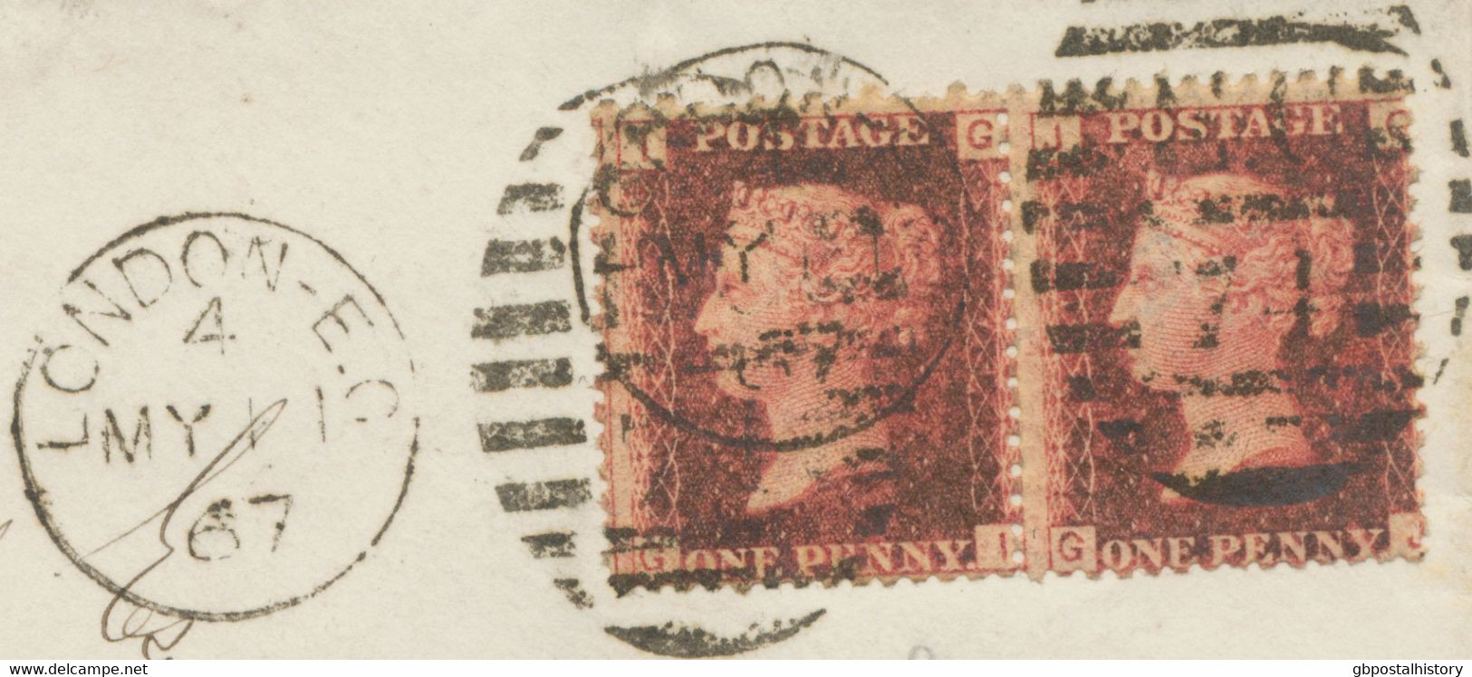 GB 1867 QV 1d Rose-red Pl.71 (pair, GI-GJ) Double Rate Cover "LONDON-E.C / 74" - Briefe U. Dokumente