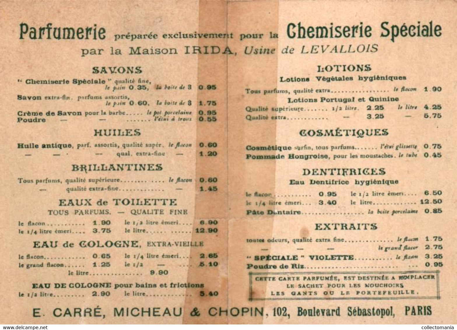 1 Carte Parfumerie De La Chemiserie Spéciale Paris Maison Irida Usine De Levallois - Profumeria Antica (fino Al 1960)