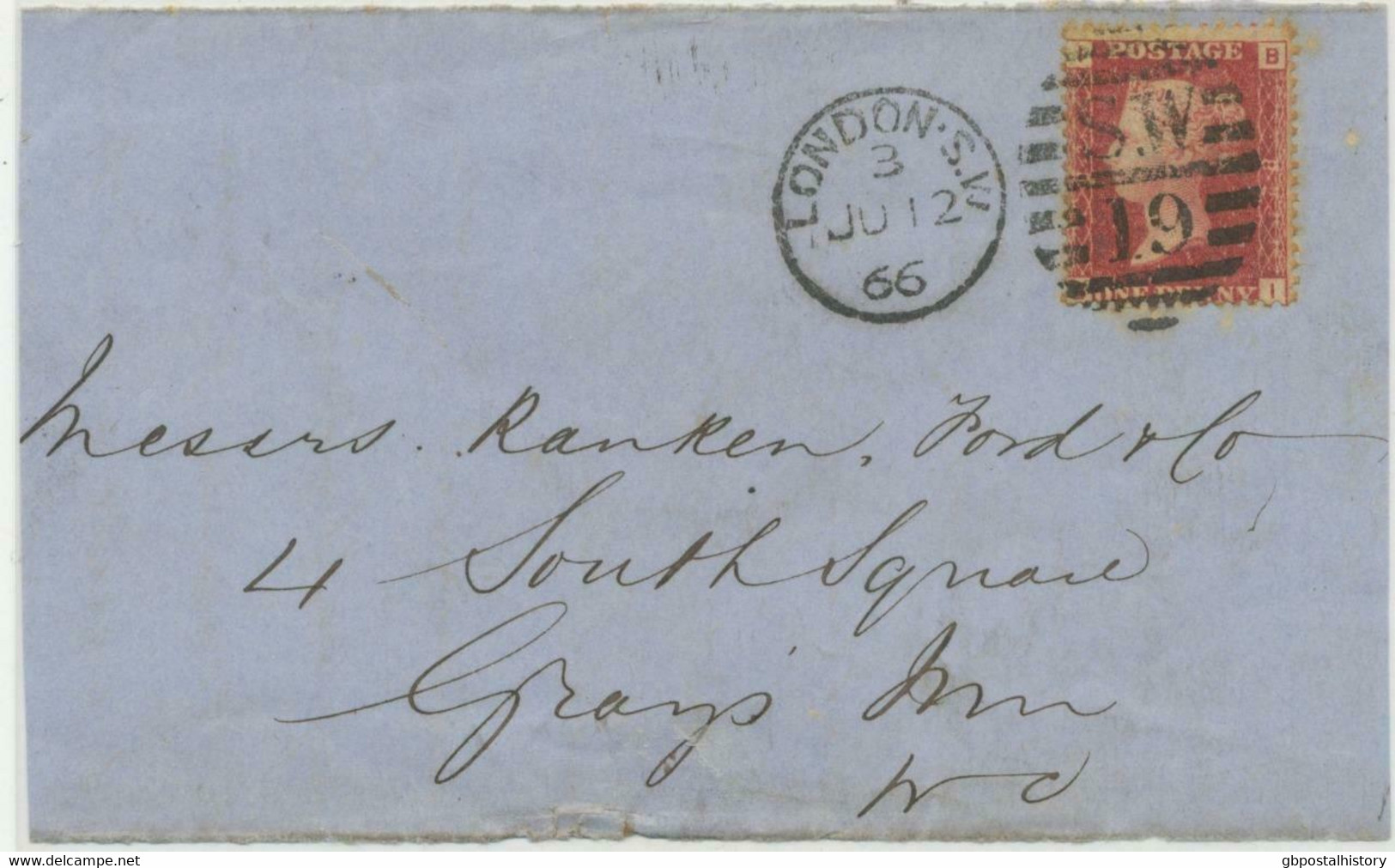 GB 1866 QV 1d Rose-red Pl.82 With Rare Variety: Thick (double?) Letter "B" (BI) - Lettres & Documents