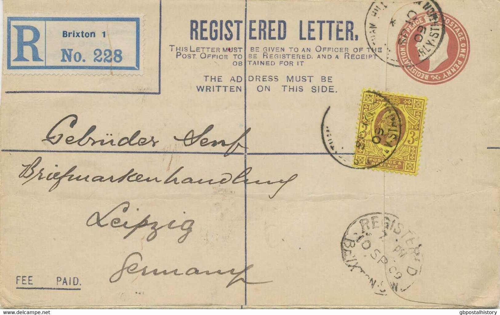 GB 1909 Edward Superb Postal Stationery Registered Env Uprated With 3d Coated Paper To GEBRÜDER SENF, LEIPZIG - Brieven En Documenten
