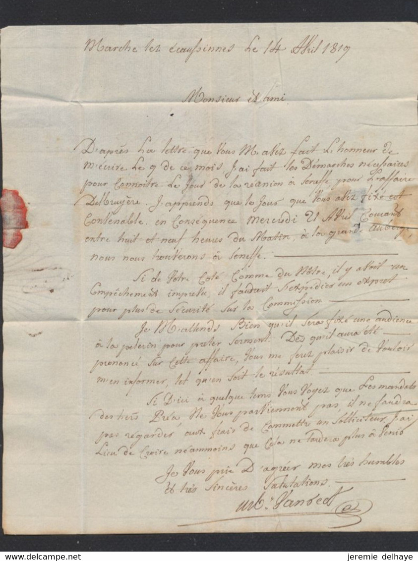 Précurseur - LAC Datée De Marche-lez-écaussines (1819) + Obl Linéaire Rouge "BERGEN / FRANCO" Port I > Fontaine-l'évêque - 1815-1830 (Dutch Period)