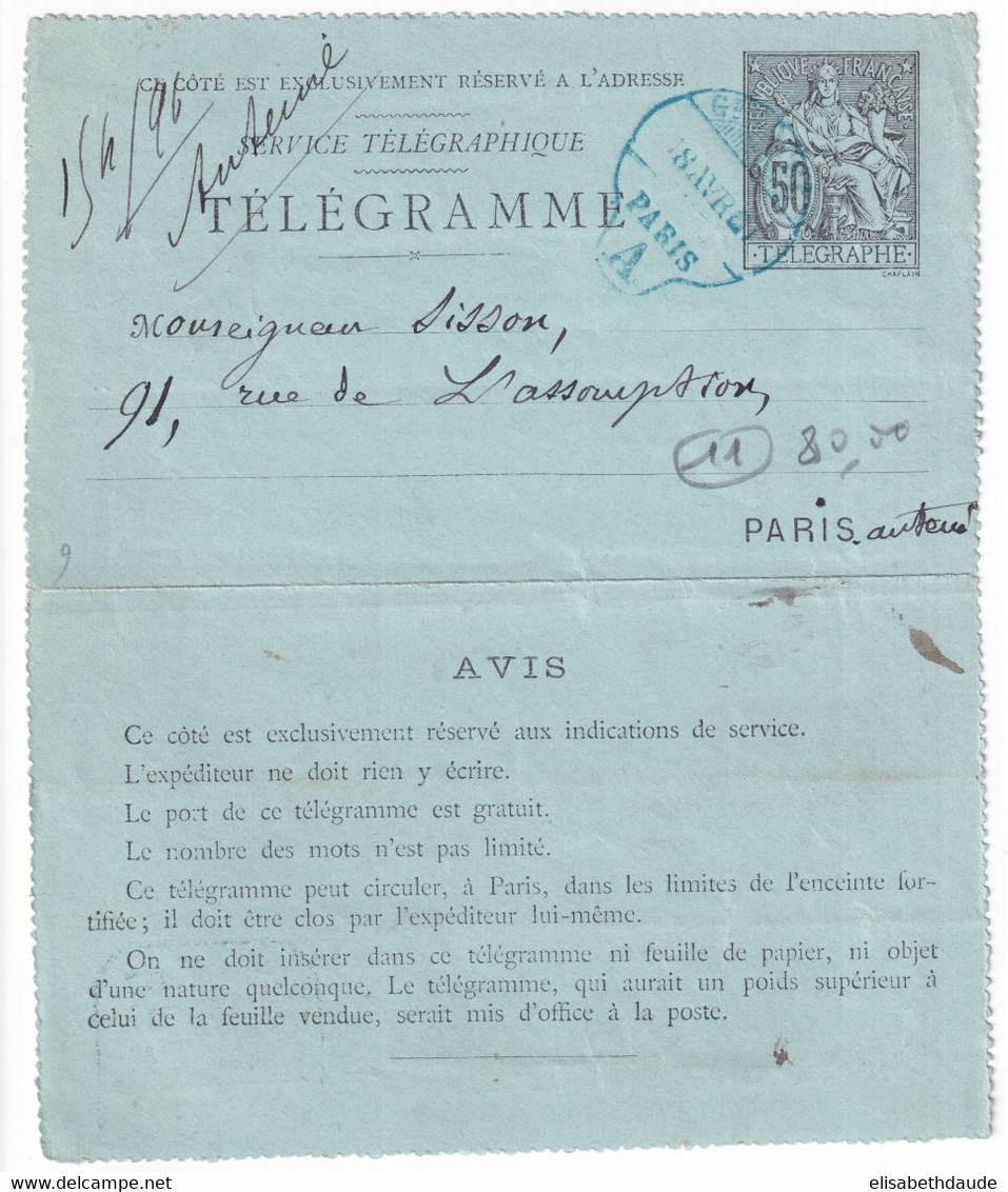 1891 - CARTE-LETTRE ENTIER CHAPLAIN PNEUMATIQUE De PARIS Avec CACHET Du GRAND HOTEL - SUPERBE - Pneumatische Post