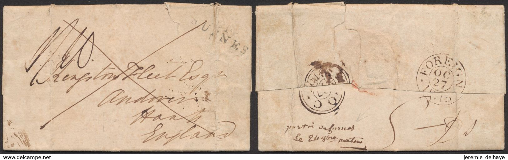 LAC Datée De Furnes (1815) + Obl Linéaire P91P / FURNES > Andover (Angleterre) / Verso Manusc. "Parti De Furnes Le 24/10 - 1815-1830 (Holländische Periode)