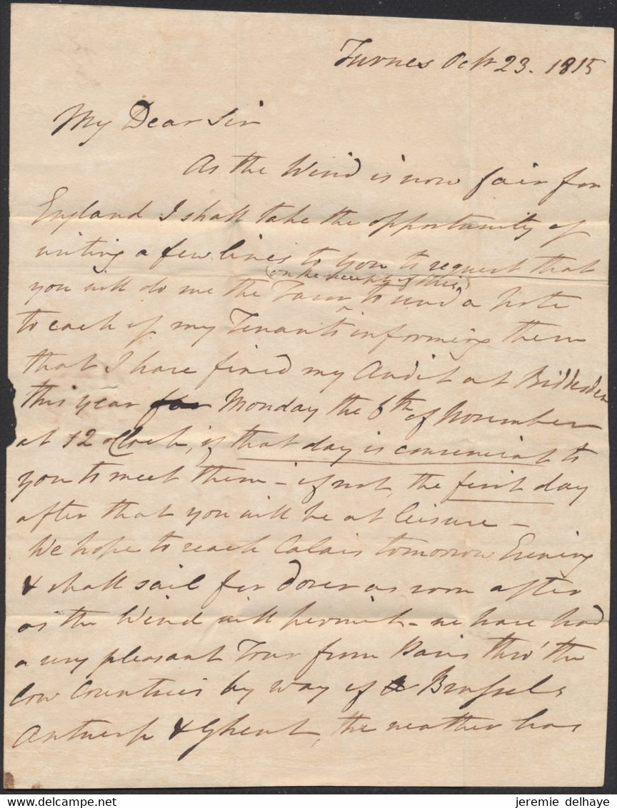 LAC Datée De Furnes (1815) + Obl Linéaire P91P / FURNES > Andover (Angleterre) / Verso Manusc. "Parti De Furnes Le 24/10 - 1815-1830 (Periodo Holandes)