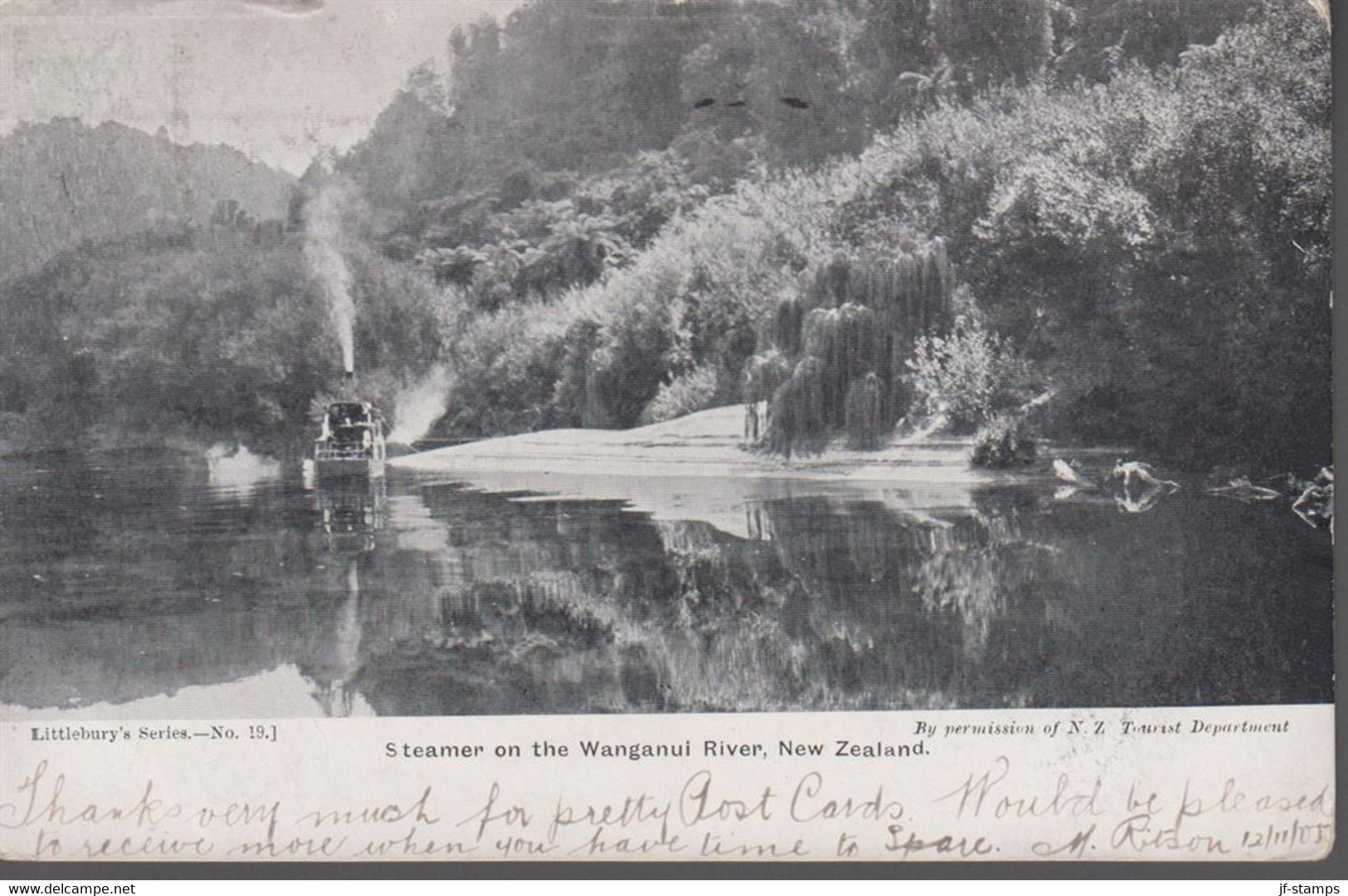 1905. New Zealand.  POST CARD. Steamer On The Wanganui River, New Zealand To Denmark ... (MICHEL 99) - JF417213 - Brieven En Documenten