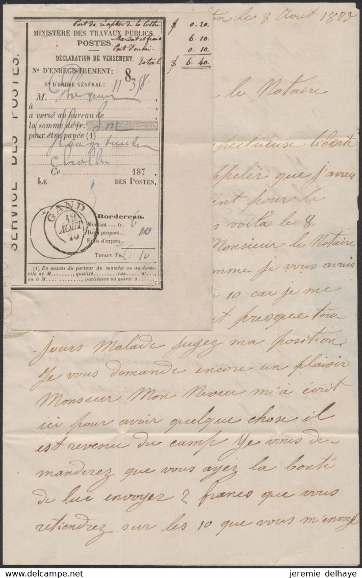 LAC Non Affranchie Datée De Hoogstraeten (1875) + Cachet DC Et Port "2" > Gand / Intérieur Déclaration De Versement DC G - Volantini Postali