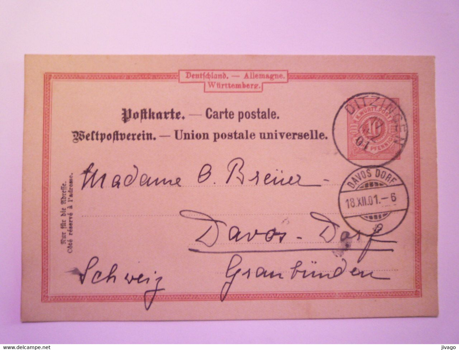 2021 - 1294  ENTIER POSTAL Au Départde DITZINGEN à Destination De DAVOS  1901   XXX - Sonstige & Ohne Zuordnung