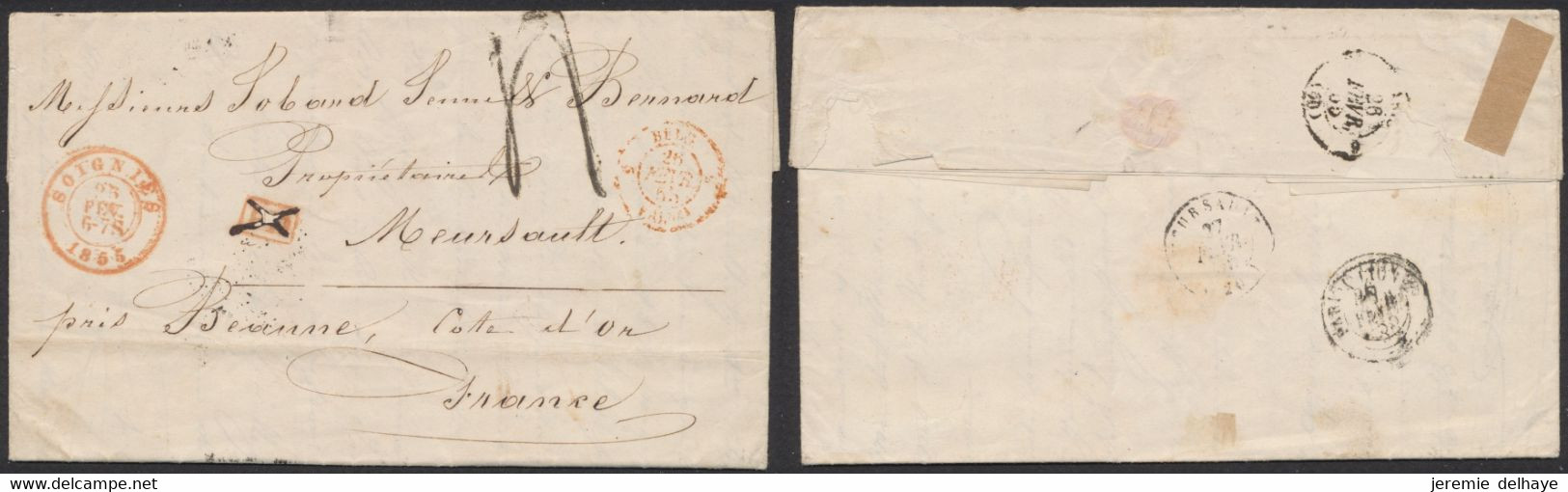 LAC Non Affranchie + Cachet Dateur "Soignies" (1855) Griffe PD Annulé à La Plume, Port 4 Décimes > Meursault (France) - Posta Rurale