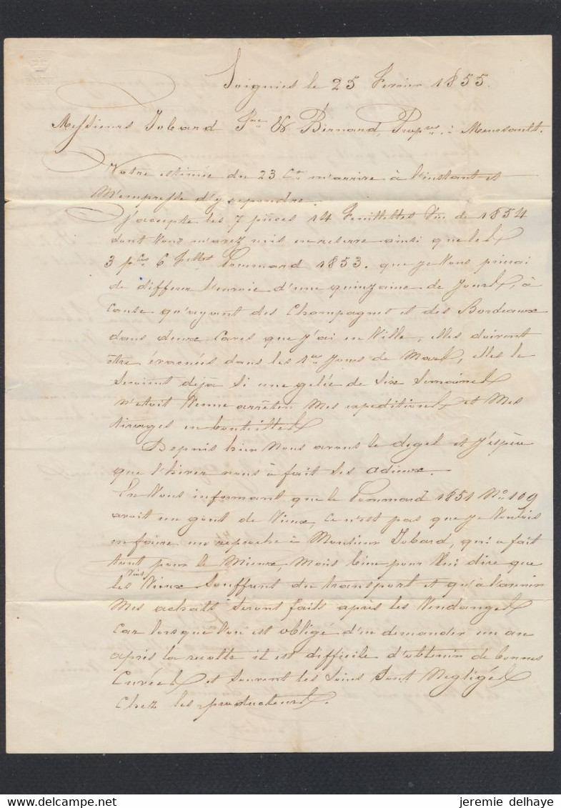 LAC Non Affranchie + Cachet Dateur "Soignies" (1855) Griffe PD Annulé à La Plume, Port 4 Décimes > Meursault (France) - Poste Rurale