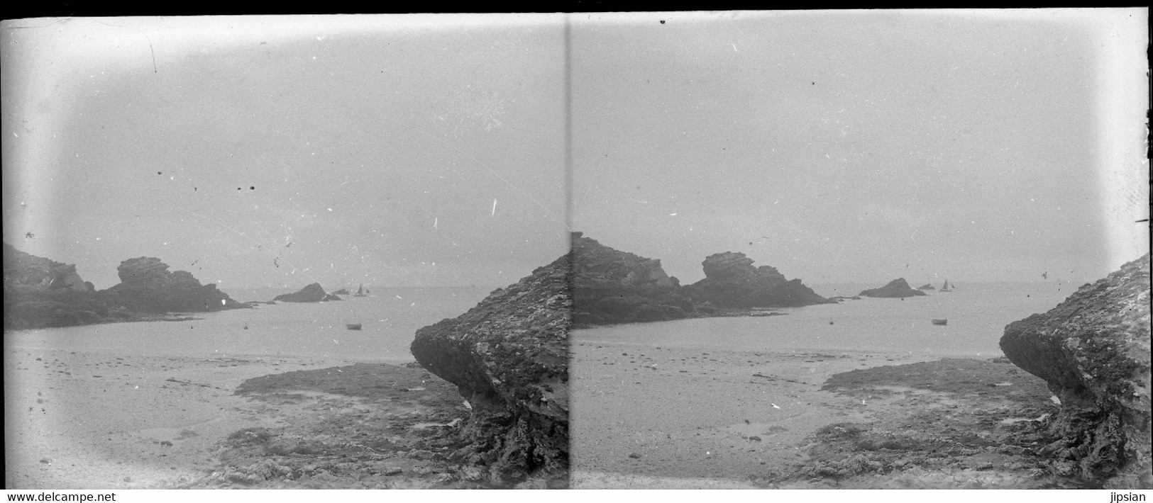 lot de 32 plaques de verre stéréo négatives Belle Île en Mer Belle Isle le Palais Port Voiliers Rochers -- Garfen