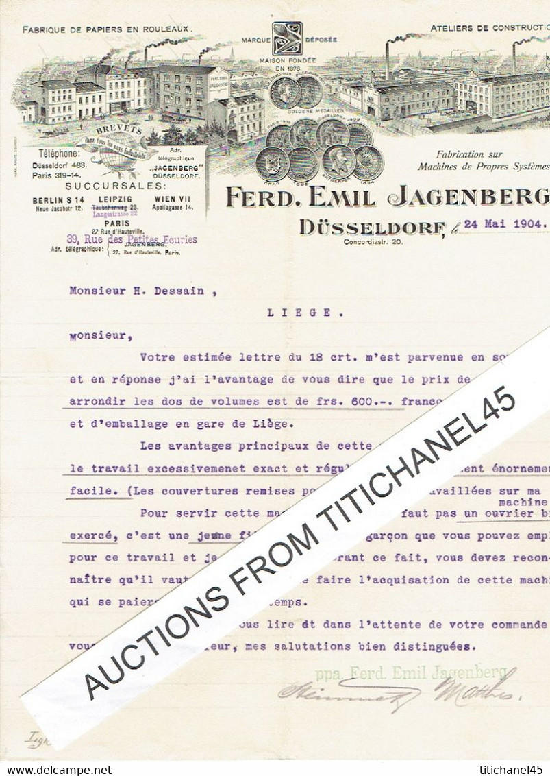 Brief 1904 - DÜSSELDORF-LEIPZIG-BERLIN -STUTTGART - FERD. EMIL JAGENBERG - Fabricant & Constructeur Machines De Papi - Andere & Zonder Classificatie