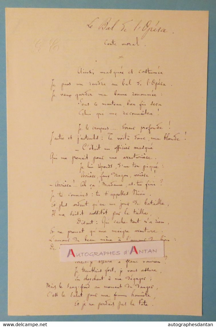 Gustave CHOUQUET Musicologue Le Bal De L'Opéra Poème Autographe Né Le Havre - Musique Autograph Poesy - Masque - Singers & Musicians