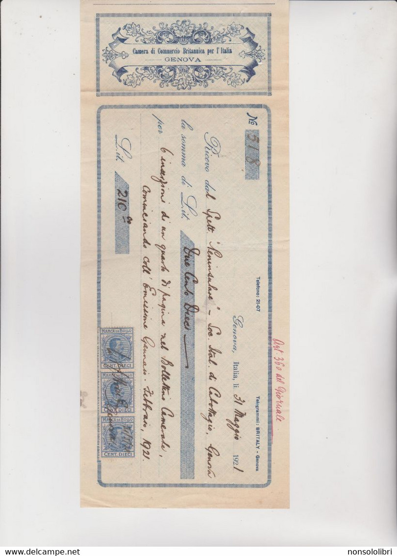 ASSEGNO- BUONO - RICEVUTA  :  CAMERA DI COMMERCIO BRITANNICA PER L'ITALIA  -  GENOVA. 1921 . - Cheques & Traveler's Cheques