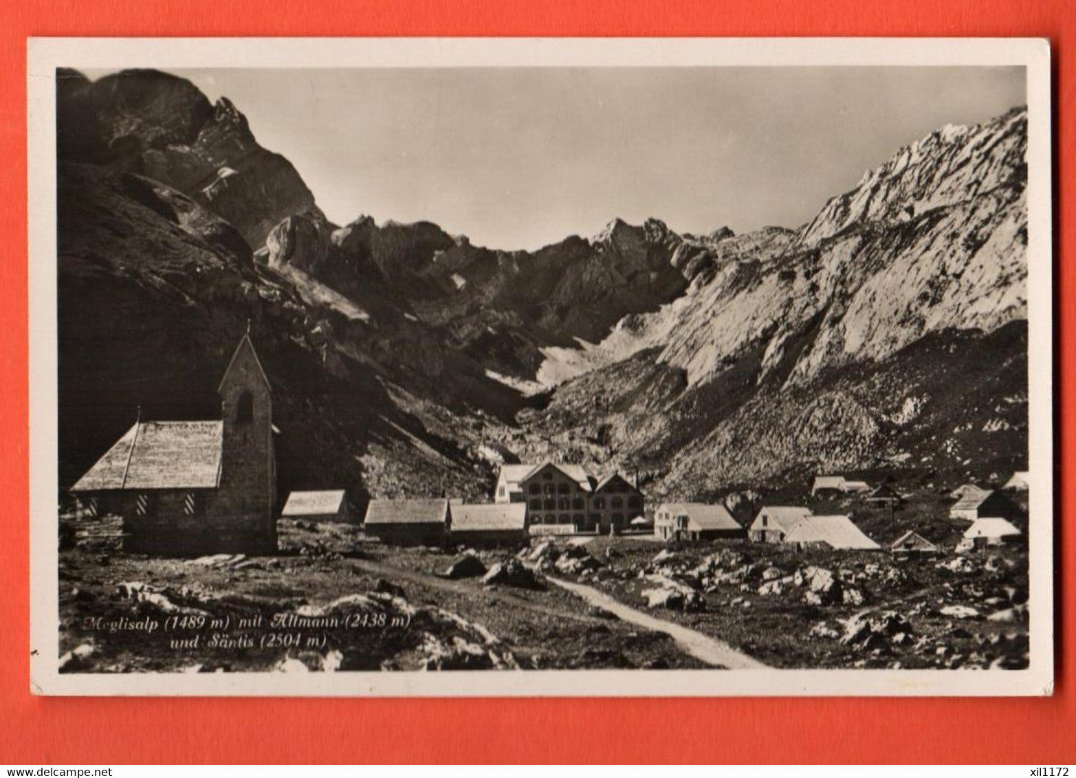 ZME-27  Meglisalp Schwende Kirche Mit Säntis. Stempel Gais 1937 Photoglob 3819 - Schwende