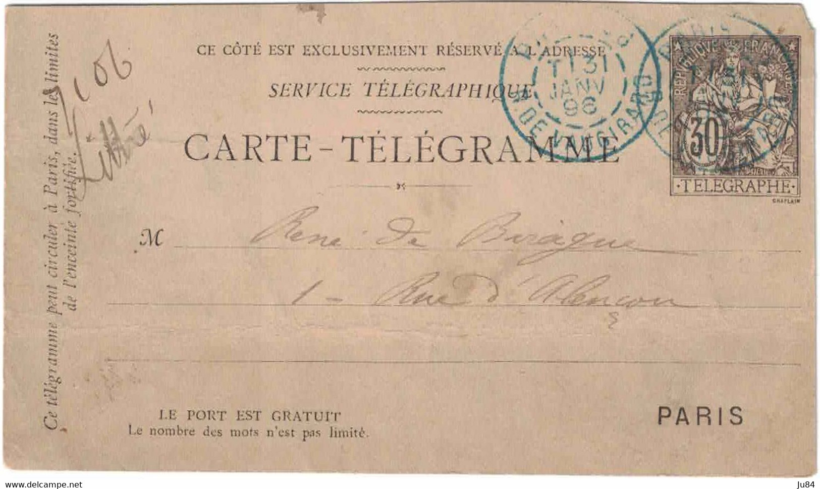 Paris - Lot de 3 Entiers postaux - Carte-Télégramme - Correspondance & Signature - 1891/1896