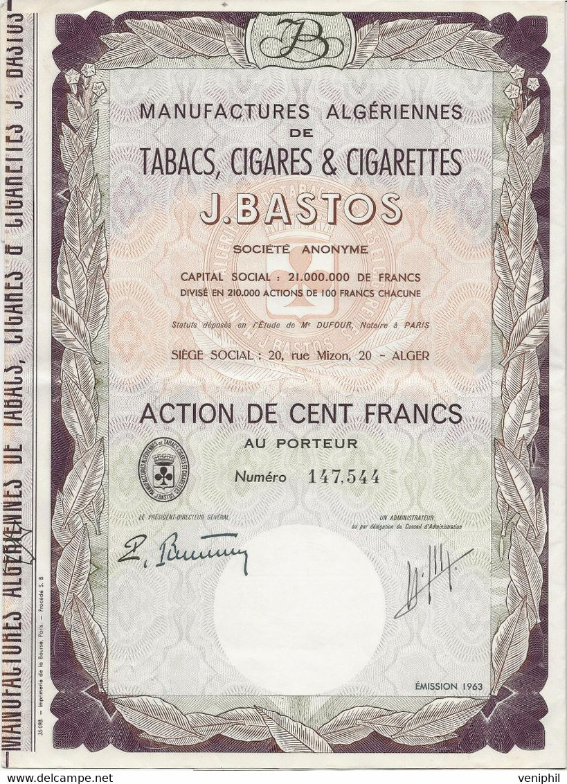 MANUFACTURES ALGERIENNESDES TABACS,CIGARES ET CIGARETTES - J.BASTOS -  ANNEE 1963 - Afrika