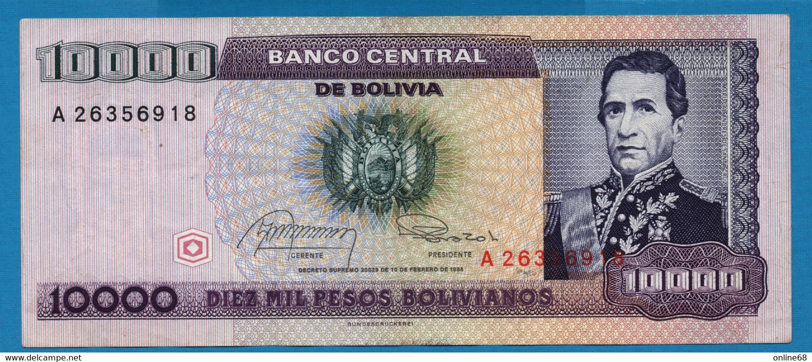 BOLIVIA 10.000 Pesos Bolivianos  	  D. 10.02.1984  # A26356918  P# 169 Marshal Andrés De Santa Cruz - Bolivie