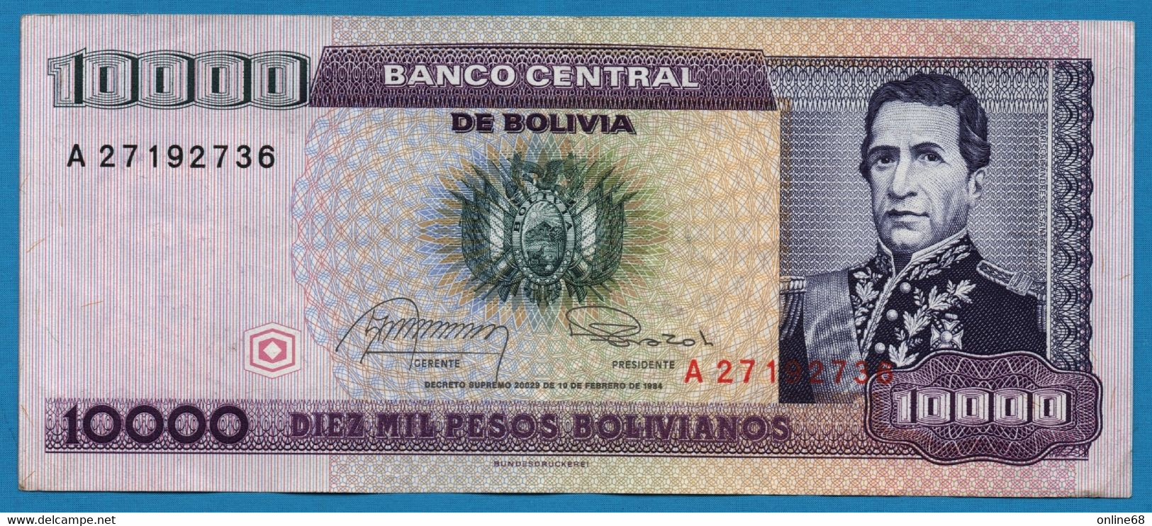 BOLIVIA 10.000 Pesos Bolivianos  	  D. 10.02.1984  # A27192736  P# 169 Marshal Andrés De Santa Cruz - Bolivie